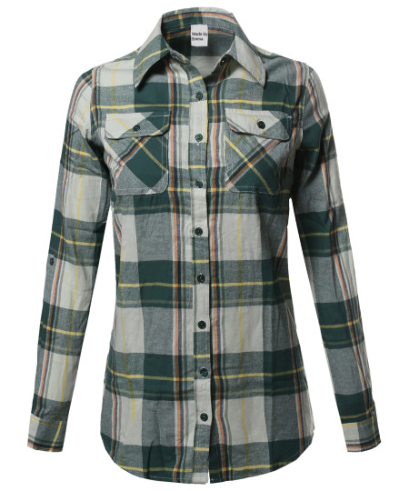 Women's Plaid Checker Button Down Shirt Roll Up Sleeves