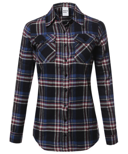 Women's Plaid Checker Button Down Shirt Roll Up Sleeves