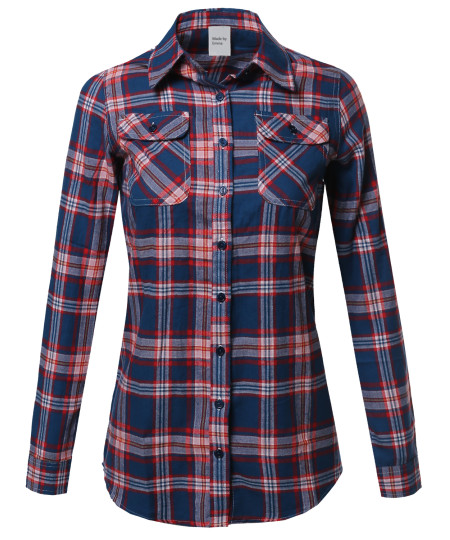 Women's Plaid Checker Button Down Shirt Roll Up Sleeves