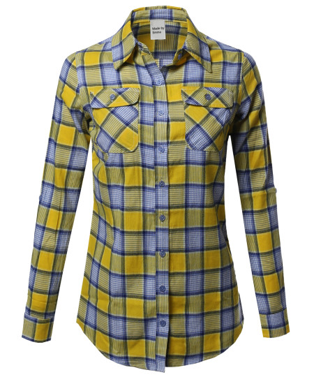 Women's Plaid Checker Button Down Shirt Roll Up Sleeves