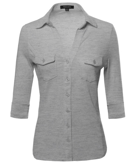 Women's 3/4 Sleeve Button Down Cotton Spandex Top W/ Side Rib Panel