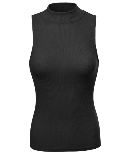 Women's Solid Stretch Ribbed Sleeveless Mock Turtle Neck Knit Top 