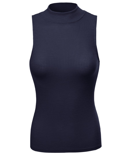 Women's Solid Stretch Ribbed Sleeveless Mock Turtle Neck Knit Top 