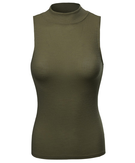 Women's Solid Stretch Ribbed Sleeveless Mock Turtle Neck Knit Top 