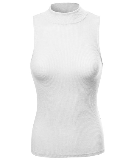 Women's Solid Stretch Ribbed Sleeveless Mock Turtle Neck Knit Top 