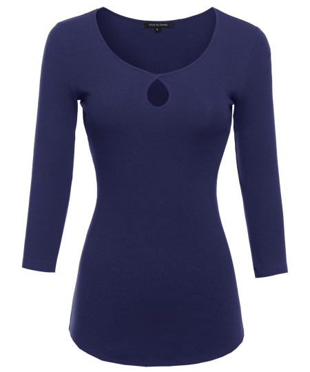Women's Ribbed 3/4 Sleeve Top w/ Keyhole Design