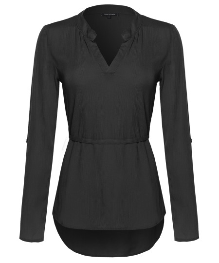 Women's Henley Long Sleeve Blouse w/ Waist Drawstrings