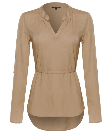 Women's Henley Long Sleeve Blouse w/ Waist Drawstrings