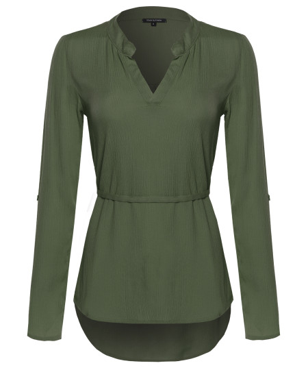 Women's Henley Long Sleeve Blouse w/ Waist Drawstrings