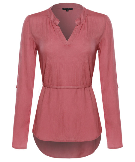 Women's Henley Long Sleeve Blouse w/ Waist Drawstrings