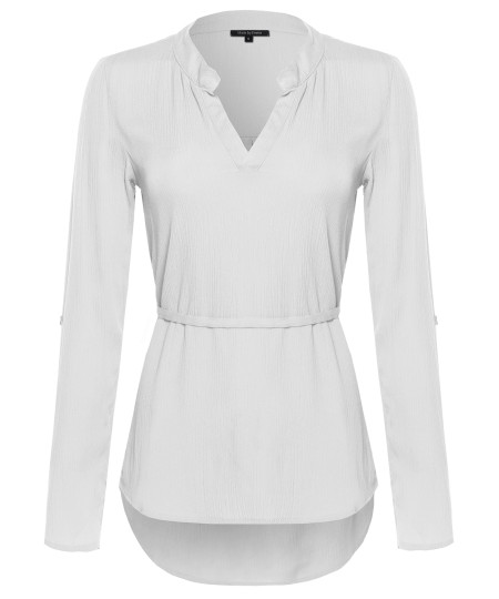 Women's Henley Long Sleeve Blouse w/ Waist Drawstrings