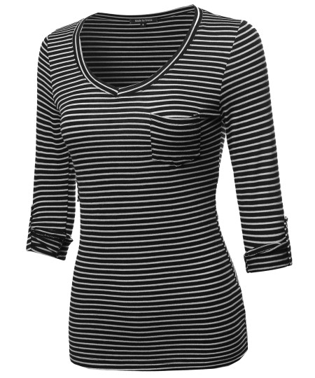 Women's Basic Stripe V-neck T-shirt With 3/4 Sleeves