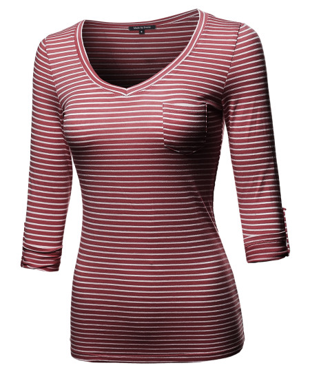 Women's Basic Stripe V-neck T-shirt With 3/4 Sleeves