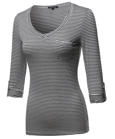 Women's Basic Stripe V-neck T-shirt With 3/4 Sleeves