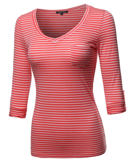 Women's Basic Stripe V-neck T-shirt With 3/4 Sleeves