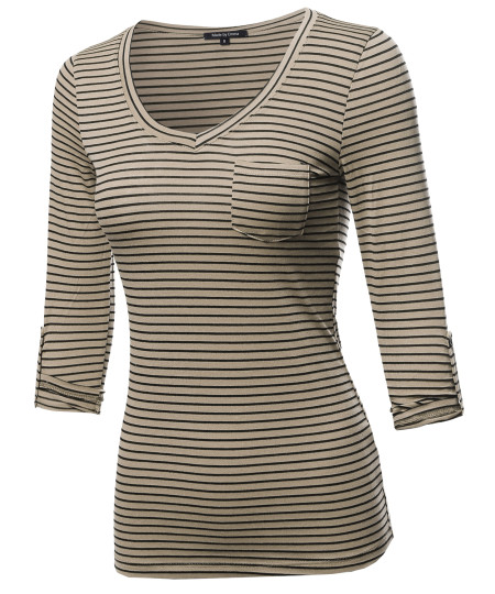 Women's Basic Stripe V-neck T-shirt With 3/4 Sleeves