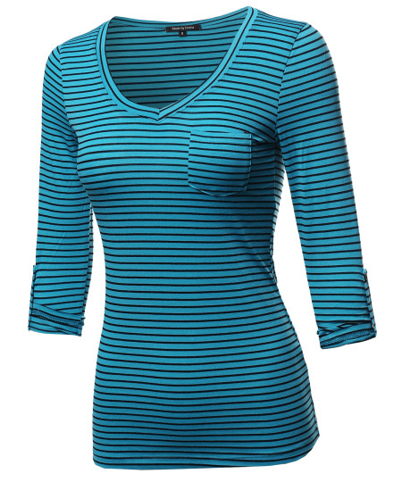 Women's Basic Stripe V-neck T-shirt With 3/4 Sleeves