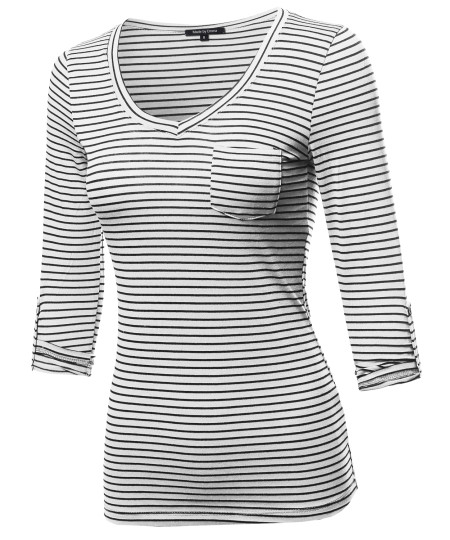 Women's Basic Stripe V-neck T-shirt With 3/4 Sleeves