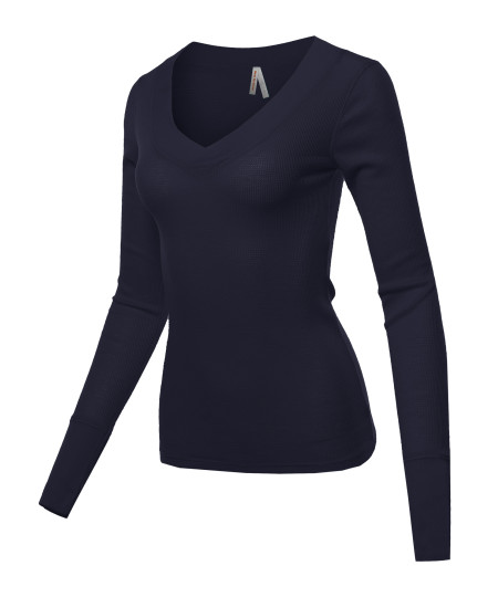 Women's Basic Solid V-Neck Henley Lace Long Sleeves Thermal Tee