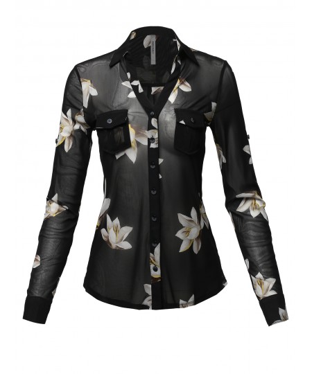 Women's Casual Printed See-through Mesh Blouse Shirt