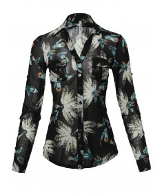 Women's Casual Printed See-through Mesh Blouse Shirt