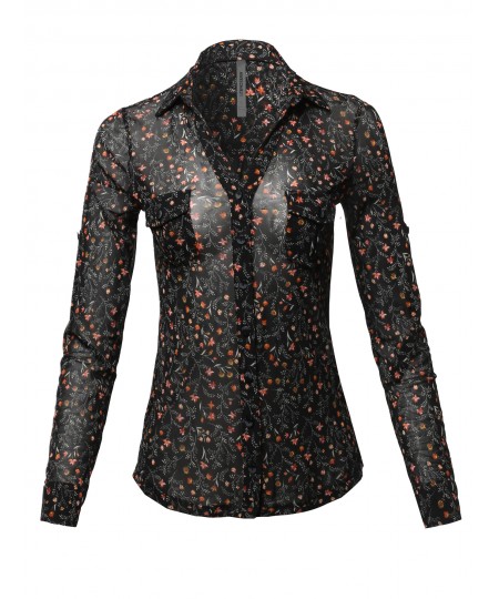 Women's Casual Printed See-through Mesh Blouse Shirt