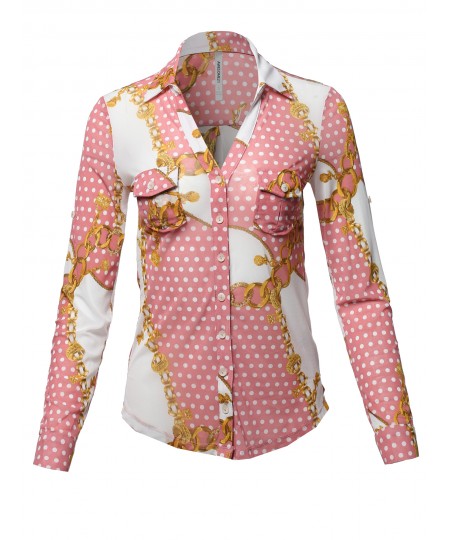 Women's Casual Printed See-through Mesh Blouse Shirt