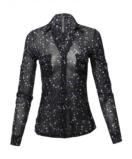 Women's Casual Printed See-through Mesh Blouse Shirt