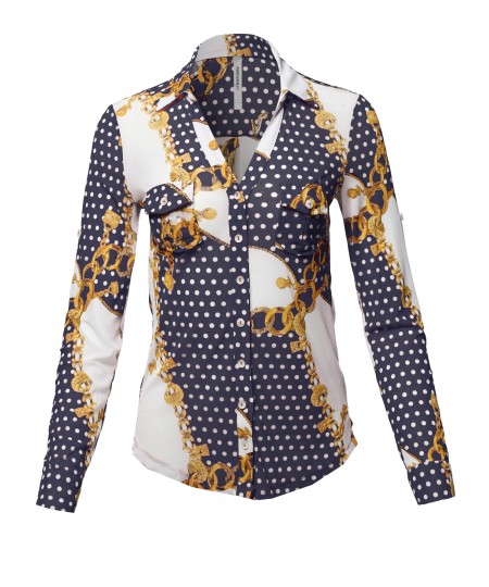 Women's Casual Printed See-through Mesh Blouse Shirt