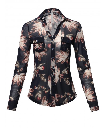 Women's Casual Printed See-through Mesh Blouse Shirt