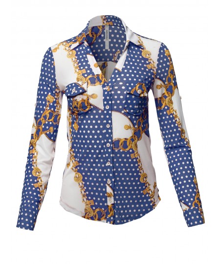 Women's Casual Printed See-through Mesh Blouse Shirt