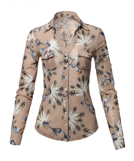 Women's Casual Printed See-through Mesh Blouse Shirt