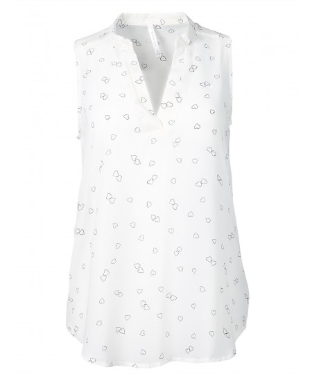 Women's Lightweight V-Neck Sleeveless Ditsy Heart Chiffon Blouse Top 