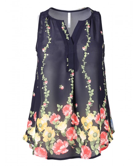 Women's Lightweight V-Neck Sleeveless Floral Print Chiffon Blouse Top 