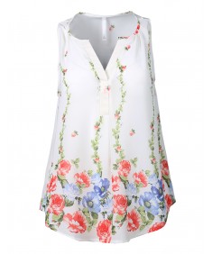 Women's Lightweight V-Neck Sleeveless Floral Print Chiffon Blouse Top 