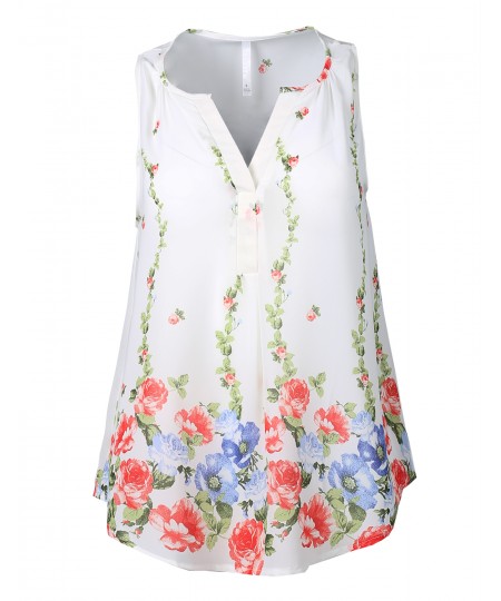 Women's Lightweight V-Neck Sleeveless Floral Print Chiffon Blouse Top 