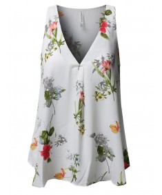 Women's Breathable Sleeveless V neck Wool Dobby Chiffon Floral Print Top