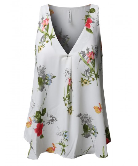 Women's Breathable Sleeveless V neck Wool Dobby Chiffon Floral Print Top