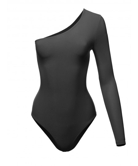 Women's Solid Sexy One shoulder Open Long Sleeve Body-Shaper Bodysuit - Made In USA