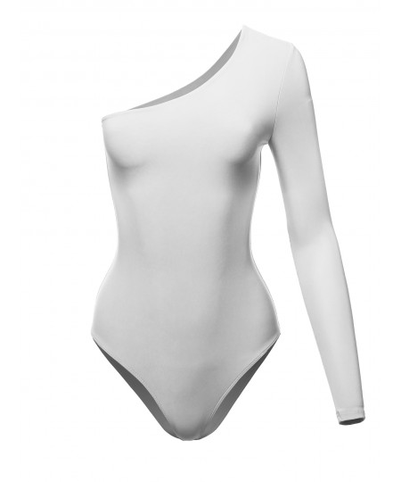 Women's Solid Sexy One shoulder Open Long Sleeve Body-Shaper Bodysuit - Made In USA