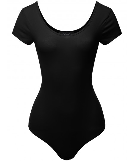 Women's Solid Cotton Based Scoop Front and Back Cap Sleeves Bodysuit
