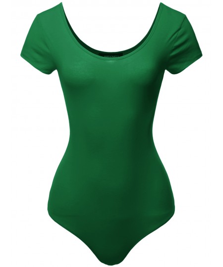 Women's Solid Cotton Based Scoop Front and Back Cap Sleeves Bodysuit