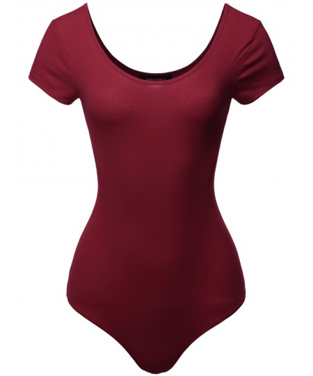 Women's Solid Cotton Based Scoop Front and Back Cap Sleeves Bodysuit