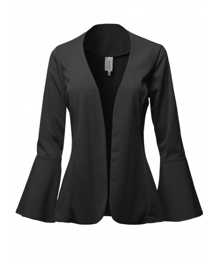 Women's Casual Solid Collarless Bell Sleeve Open Blazer - Made in USA 