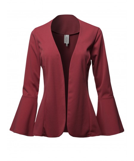 Women's Casual Solid Collarless Bell Sleeve Open Blazer - Made in USA 