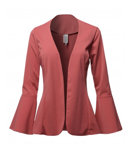 Women's Casual Solid Collarless Bell Sleeve Open Blazer - Made in USA 
