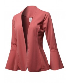 Women's Casual Solid Collarless Bell Sleeve Open Blazer - Made in USA 