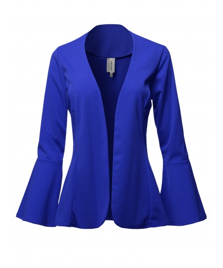 Women's Casual Solid Collarless Bell Sleeve Open Blazer - Made in USA 