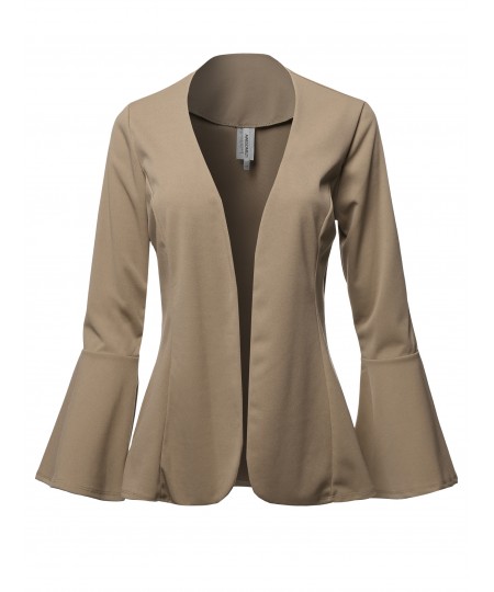 Women's Casual Solid Collarless Bell Sleeve Open Blazer - Made in USA 