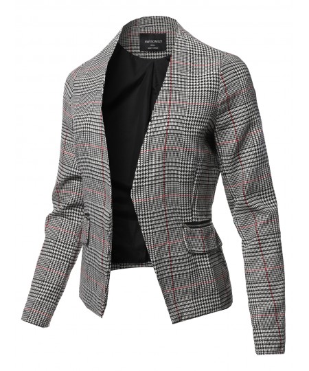 Women's Casual Long Sleeve No Collar Open Front Check Blazer Jacket